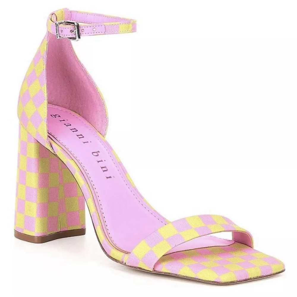 Checkered Satin Ankle Strap Square Toe Block Heel Dress Sandals BellesChaussures